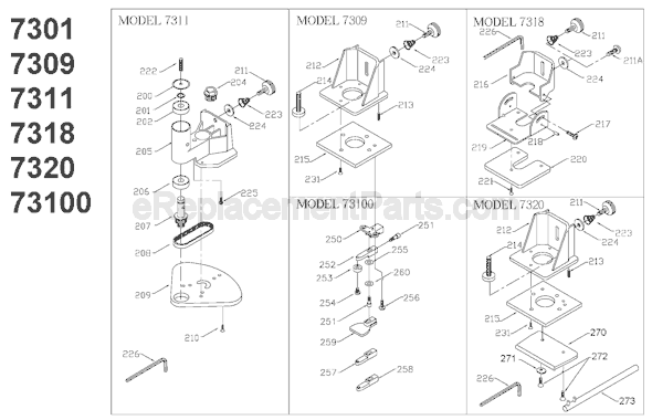 Page B Diagram and Parts List for 7310 Type 3 Porter Cable Laminate Trimmer